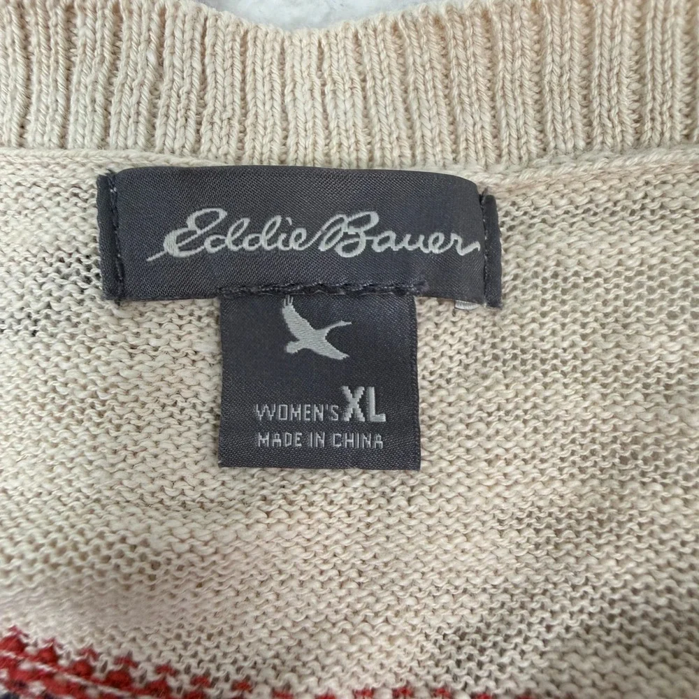Eddie‎ Bauer Cardigan Sweater Womens XL Cream Striped Open Front Cotton Light
